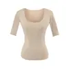 Camiseta Sexy de Celebridad de Internet de Deseo Puro con Cuello en U que Resalta la Figura, Manga Media, Estilo Dulce para Chicas, Ropa Exterior Casual, Top de Color Sólido Ajustado