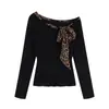 Camisa de Hombro Leopardo Negro para Mujer Diseño Otoñal Hombro Corta Chic Dulce Chica Picante Top