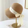 Chapéu de Palha Elegante com Laço de Fita Estilo Francês para Mulheres, Proteção Solar de Verão, Emagrecimento Facial, Chapéu de Sol para Férias na Praia