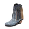 Botas con flecos Mujer tacón grueso botas de una sola capa otoño e invierno Nuevo mezclilla flecos hechos a mano tacón alto botines botas de mujer botas talla grande