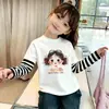 Blusa de Algodão Puro Listrada Costurada para Crianças Médias e Grandes Camada Base Estilosa Desenho Animado Roupa de Primavera e Outono Novo Estilo Meninas Manga Longa