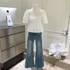 Mowonuo Mismo Estilo Azul Lavado Verano Finos Jeans Acampanados Corte Ajustado Rectos Pantalones Largos