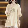 Camiseta de manga corta para mujer estilo chino nuevo, excedente de comercio exterior transfronterizo, corte holgado, adelgazante, disimula imperfecciones corporales, con diseño de hombro normal