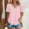 Venda Quente Transfronteiriça Estilo Europeu e Americano Camiseta Feminina de Malha com Renda Splicing Manga Curta Decote V Recorte Atacado de Fabricantes Femininos