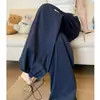 Calça de trabalho azul marinho bordada para mulheres, calça fina de verão de cintura alta modeladora de secagem rápida, calça casual de perna larga para caminhada para mulheres baixinhas