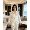 Pijama de manga larga bicolor con ribete de concha para mujer, primavera y otoño, con cuello camisero, algodón nube, conjunto de dos piezas de ropa de casa impresa de doble longitud
