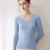 Malha Consinee 100% cashmere puro para mulheres, top canelado slim-fit com gola V para usar em camadas
