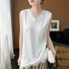Camiseta sin mangas de encaje de alta gama estilo francés con cuello en V, dobladillo irregular y camisola satinada de corte holgado para mujer