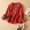 Blusas de Algodón y Lino para Mujer Estilo Étnico de Verano con Solapa Diagonal Bordada, Ropa de Té Zen Retro Literaria Holgada Estilo Antiguo Dinastía Han