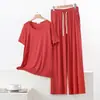 Conjunto de Dos Piezas de Pantalones Anchos de Manga Corta Sueltos de Modal para Verano Ropa de Casa Talla Grande Casual Cuello Redondo Delgado