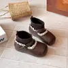 Botines elásticos retro 2026 Otoño/Invierno Nuevo estilo coreano para niñas con cordones, forrados de polar, botines cortos, elegantes, punta redonda, botines pequeños de cuero
