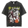 Camiseta Vintage Lavada de Chainsaw Man Anime con Cuello Marinero y Patrón de Rayas, Camiseta Unisex Transpirable y Cómoda, Hecha en China