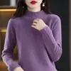 Camiseta de punto base gruesa de cuello semi-alto para otoño e invierno para mujer, suéter versátil de color sólido vintage holgado con elementos acanalados