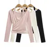 Top Dulce y Elegante de Cuello en U Cruzado Halter Hombros Descubiertos para Niñas, Camiseta de Manga Larga Estilo Falso Dos Piezas Fruncida, Camiseta Base Ajustada