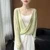 26 Nuevo Punto de Bambú Primavera/Verano Cuello en V Tirantes Cruzados Manga Larga Color Sólido Delgado Protector Solar Camisa Kimono Top de Color Sólido para Mujer