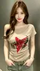 Camiseta Corta Asimétrica de una Sola Manga con Estampado para Mujer, Estilo Americano Picante, Manga Corta, Diseño de Verano, Corte Ajustado