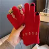 Luvas de Dedo Vermelhas de Natal com Tela Sensível ao Toque para Estudantes Femininas no Inverno, Fofas Estilo Coreano Plush Espessado Gatinho Quente Tendência de Inverno