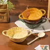 Tigela Cerâmica Criativa com Duas Alças, Formato Irregular, Cor Sob Esmalte, Tigela para Macarrão, Louça Cerâmica Estilo Ins