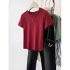 Camiseta Feminina de Algodão Puro Marrom com Ombro Normal, Manga Curta, Verão 2026, Cor Sólida, Petite, Algodão Puro, Corte Slim, Blusa que Valoriza o Corpo