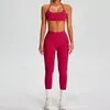 Conjunto de Roupa de Yoga Sem Costura de Secagem Rápida Novo Estilo Europeu e Americano para Mulheres, Conjunto Fitness de Calça Peach de Cintura Alta Levanta Bumbum, Roupa de Yoga com Sensação de Segunda Pele