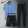 Traje Deportivo Casual de Seda de Hielo para Hombre, Nuevo Estilo de Verano, Camiseta Fina de Manga Corta, Pantalones Cortos, Conjunto de Tres Piezas de Secado Rápido para Correr