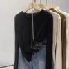 Suéter de Punto de Cuello Redondo Estilo Coreano Manga Larga en el Hombro Derecho para Mujer en Otoño e Invierno Camisa Ajustada para Capas Superiores Top de Alta Gama