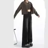 Jeans de Pierna Ancha Negros y Grises para Mujer, Nuevo Estilo Otoño/Invierno 2025, Corte Holgado, Diseño Adelgazante, Pantalones Rectos Únicos