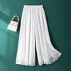 Calças largas de camada dupla, calças pretas de chiffon flare, calças compridas casuais largas de cintura alta, calças cropped para mulheres, estilo de perna larga, corte solto