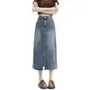 Falda Retro Azul Nueva de Cintura Alta para Mujer Verano Falda de Mezclilla con Abertura Longitud Media Línea A Ajustada a la Cadera Falda de Un Paso