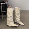 Botas Femininas de Salto Grosso 2025 Nova Primavera e Outono Bico Fino Arredondadas Longas Botas até o Joelho Botas de Equitação