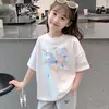 Ropa de Verano para Niñas Camiseta Estampada de Algodón Puro de Manga Corta 2026 Top Holgado de Verano para Niños Camiseta de Manga Media y Larga para Niños Moderna