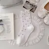 Calcetines tobilleros para mujer, algodón puro, suaves y cómodos, estampado floral pequeño, con volantes en el tobillo, ribete de encaje y detalles de malla, estilo coreano, absorben el sudor, calcetines de algodón nuevos, transpirables