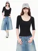 Camiseta Negra de Manga Corta con Cuello en U y Hombros Normales, Nueva de Verano 2026, Top Delgado de Media Manga para Mujer