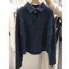 Cárdigan de Punto de Lana con Cuello Polo y Rayas Verticales Cortas Grises 2023 Otoño e Invierno Nueva Chaqueta Suéter Ropa Coreana para Mujer