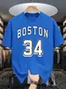 Boston 34 Estampa de Letras Artísticas Camiseta Vintage Masculina Casual Solta Moda Algodão Verão Unissex
