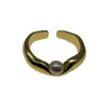 JZ109 Anillo Abierto de Plata 925 de Cuerpo Completo con Perla de Agua Dulce de Superficie Lisa, Personalidad Simple, Anillo de Diseño Nicho Coreano para Mujer