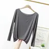 Camiseta base de modal y algodón para primavera y verano para mujer, camiseta de manga larga talla grande, corte holgado, sin costuras, hombros descubiertos, top fino