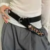 Cinturón de Tachuelas con Estampado de Leopardo Bloque de Color Estilo Americano para Mujer, Diseño de Nicho, Cinturón Ancho para la Cintura, Accesorio de Cinturón de Cuero Negro Único y Versátil