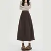 Falda midi de lana color café para mujer, otoño e invierno, de cintura alta, estiliza, alarga, elegante, versátil, cubre caderas, línea A, falda tipo capullo