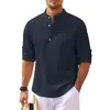 Camisa de lino de color liso de manga larga para comercio exterior transfronterizo, camisa henley informal suelta para hombre con cuello mao, camisa de manga larga con media botonadura