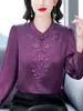 Nueva Blusa de Seda Satín Morada Estilo Chino para Mujer, Camisa de Manga Larga, Nuevo Modelo Primavera y Otoño, Camisa Bordada de Seda de Morera Estilo Nacional