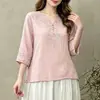 Camiseta de Algodón y Lino Bordada con Cuello en V Artístico Vintage para Mujer, Suéter Casual Holgado, Top Adelgazante