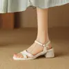 Zapatos Talla Grande 31-43, Punta Cuadrada, Punta Abierta, Sandalias de Tacón Grueso para Mujer, Nuevo Estilo de Verano, Zapatos de Tacón Medio con Tira Única, Zapatos Transfronterizos de Comercio Exterior