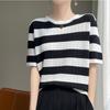 Camiseta de Algodão 2025 Verão Listrada em Preto e Branco Manga Curta Feminina Manga Meia-manga Verão Vazada Solta Estilo Coreano Fina Versátil
