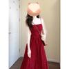 Vestido de tirantes floral rojo retro francés Verano 2025 para niños Nuevo estilo vacacional junto al mar Vestido largo de cintura ajustada
