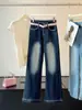 Jeans Elásticos de Tiro Alto Oscuros Ajustados Micro-Campana Nuevo Estilo Otoño para Mujer Pierna Recta Adelgazante Pierna Ancha Pantalones de Chica Popular Largo Hasta el Suelo