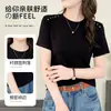 Camiseta de Manga Corta para Mujer de Verano Más Vendida con Botones Dorados Tachonados, Top de Talla Grande con Aspecto de Alta Gama, Cuello Redondo, Hombro Normal Ropa para Mujer