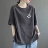 Playera de Algodón de Manga Corta Transfronteriza, Estilo Coreano, Moderna, Largo Medio, Holgada, Rejuvenecedora, Cuello Redondo, Top Estampado de Color Puro, Trendy