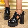 Sapatos femininos de salto grosso em verniz com boca profunda, novidade outono 2024, sola grossa, sola macia, confortáveis para o trabalho, tamanho grande, bico redondo, sapatos pequenos de couro