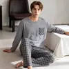 Pijama de algodón puro para hombre, primavera y otoño, manga larga y pantalón largo, estilo simple, talla grande, adecuado para adolescentes, se puede usar como ropa de estar o como prenda exterior